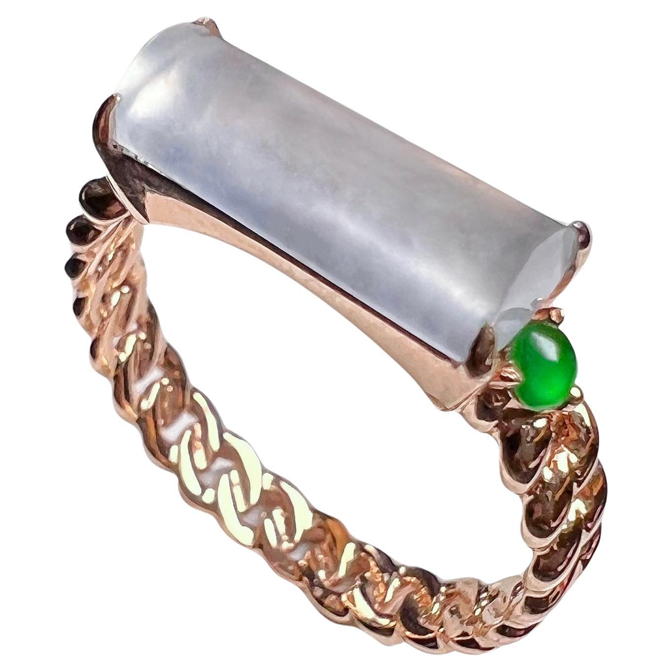 18K Rose Gold Icy Jadeite Green Jadeite Horizontal Bar Ring Cocktail Ring For Sale
