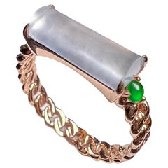 18K Rose Gold Icy Jadeite Green Jadeite Horizontal Bar Ring Cocktail Ring