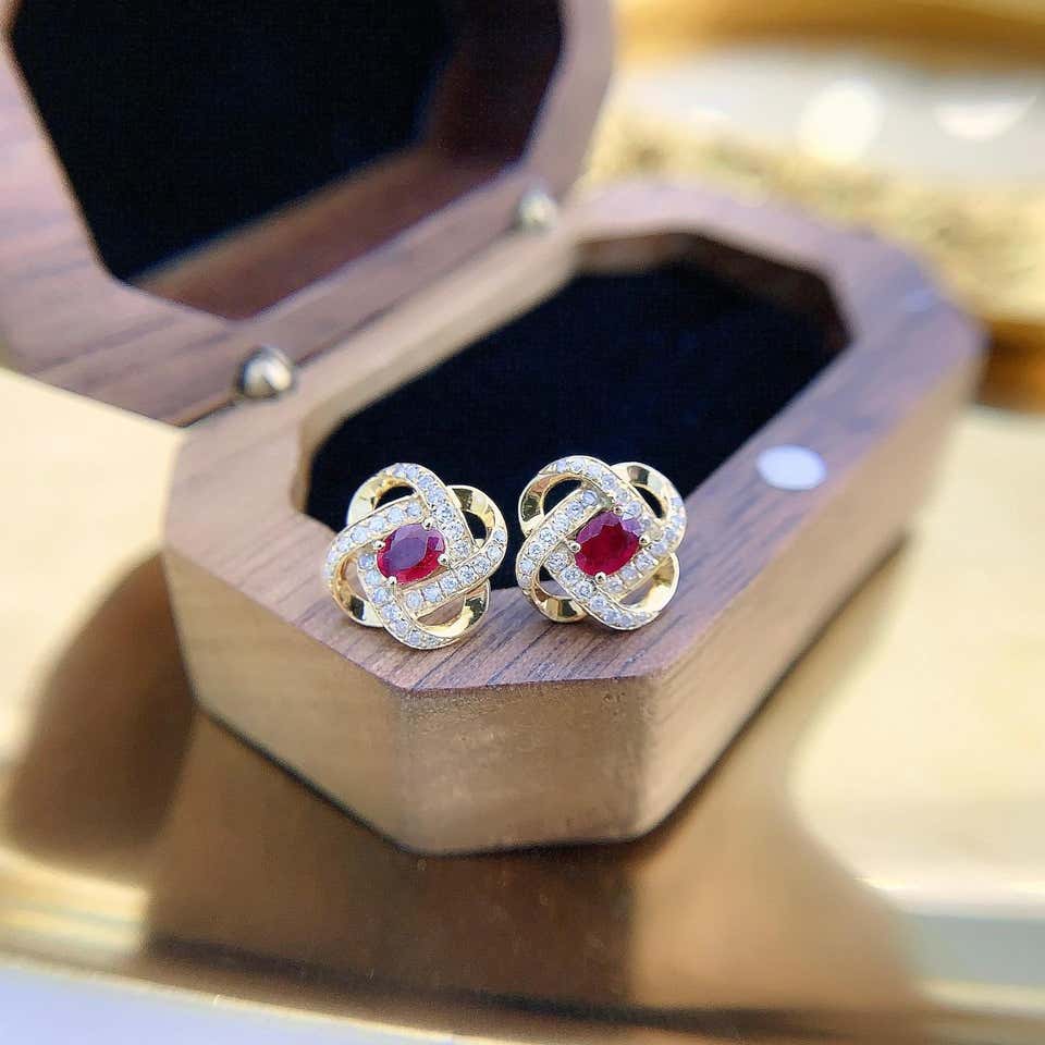 Set in 18K Rose Gold, natural Ruby and Rose cut Diamonds Stud Earrings ...