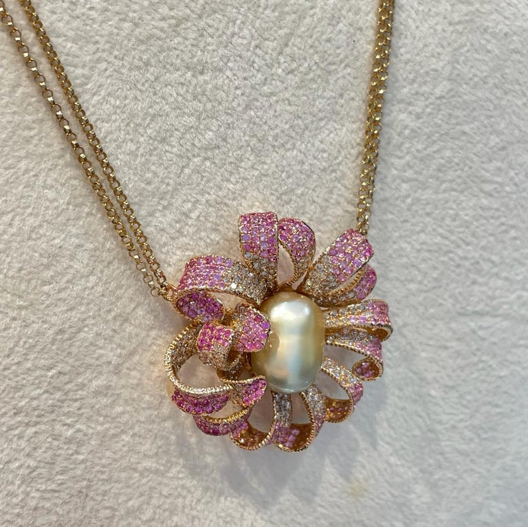 18K Rose Gold Keshi Pearl Pink Sapphire Diamond Necklace For Sale at ...