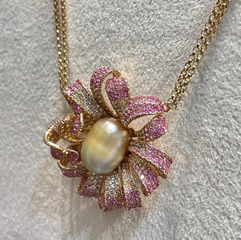 18K Rose Gold Keshi Pearl Pink Sapphire Diamond Necklace For Sale at ...
