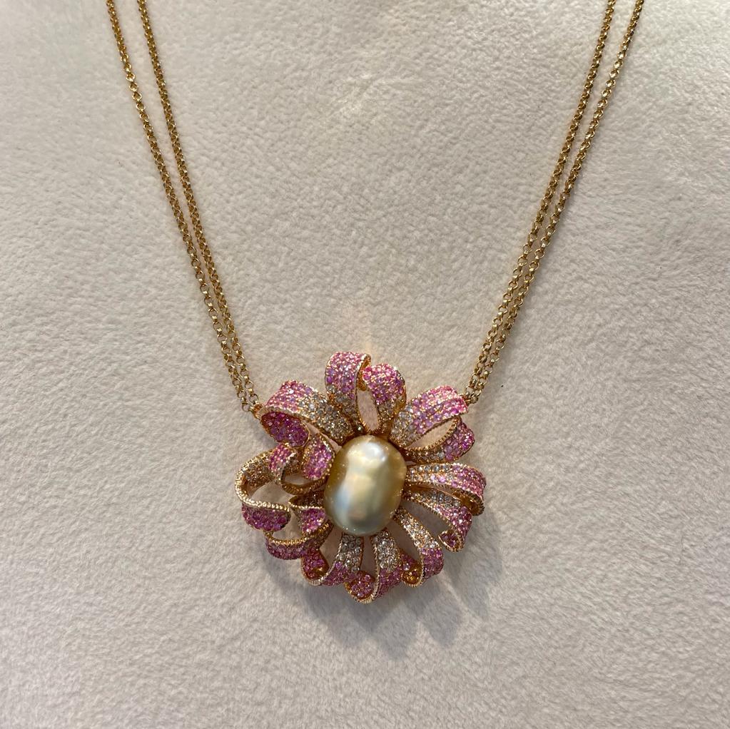 Modern 18K Rose Gold Keshi Pearl Pink Sapphire Diamond Necklace For Sale