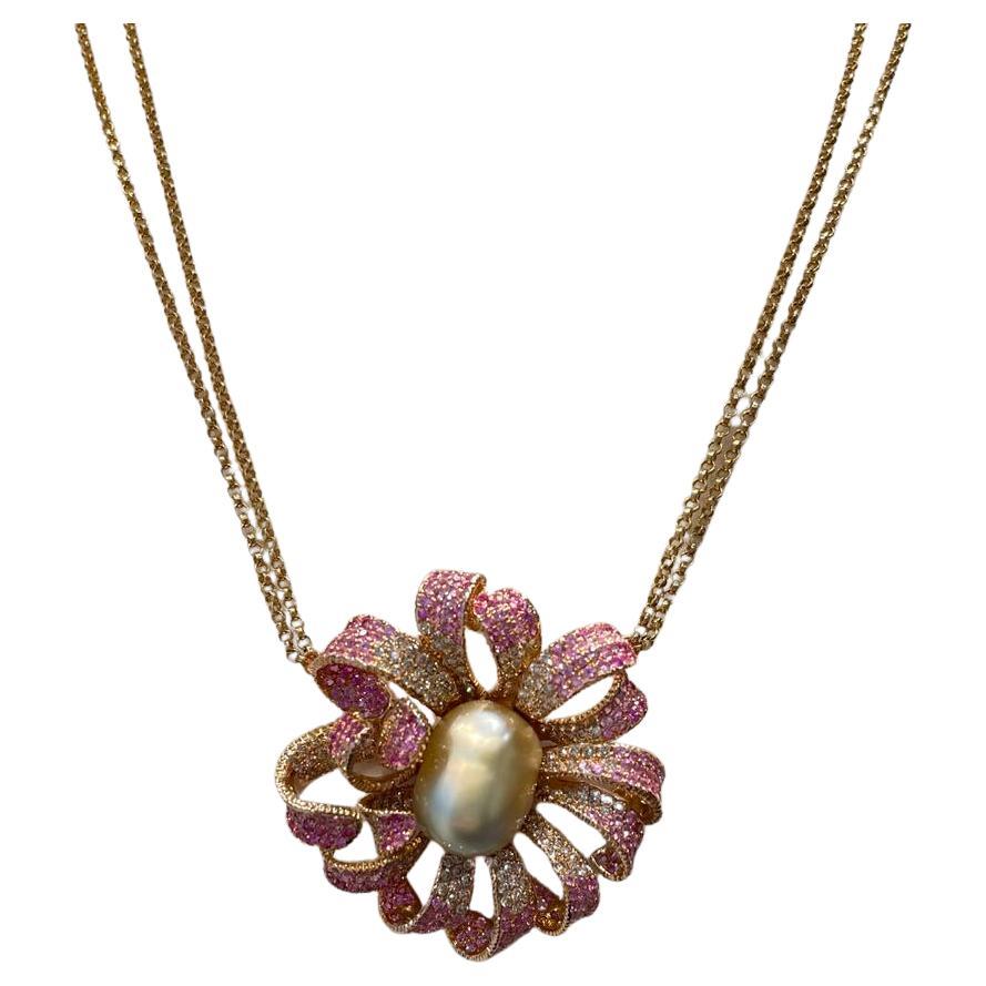 18K Rose Gold Keshi Pearl Pink Sapphire Diamond Necklace For Sale