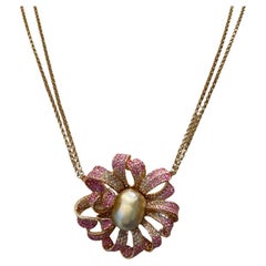 18K Rose Gold Keshi Pearl Pink Sapphire Diamond Necklace