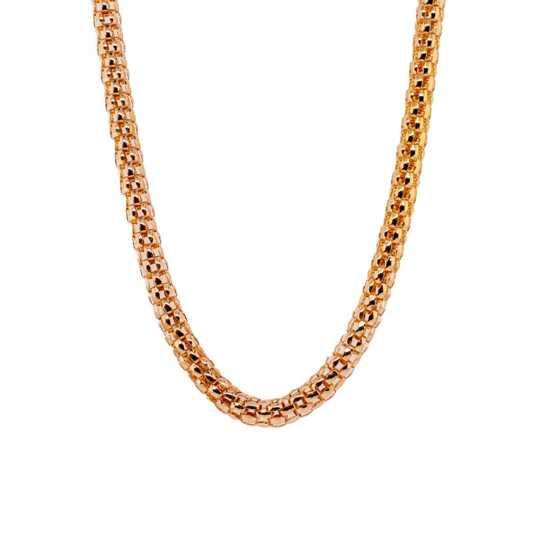One lady's custom made textured & polished 18K rose gold puffed popcorn link chain. The chain measures approximately 17.50 inches in length by 4.67mm in diameter and weighs a total of 15.60 grams. Engraved with 