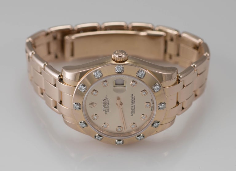 18k Rose Gold Ladies Rolex Datejust Pearlmaster with Diamond Bezel Wristwatch For Sale at