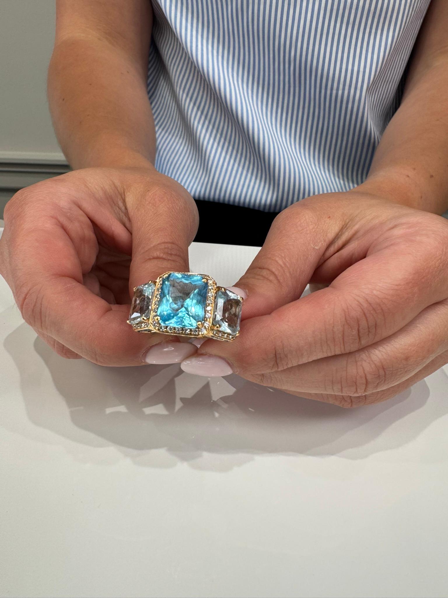 Three Stone Ring Radiant Cut Blue Topaz, Sapphires, Diamonds in 18K Rose Gold For Sale 2