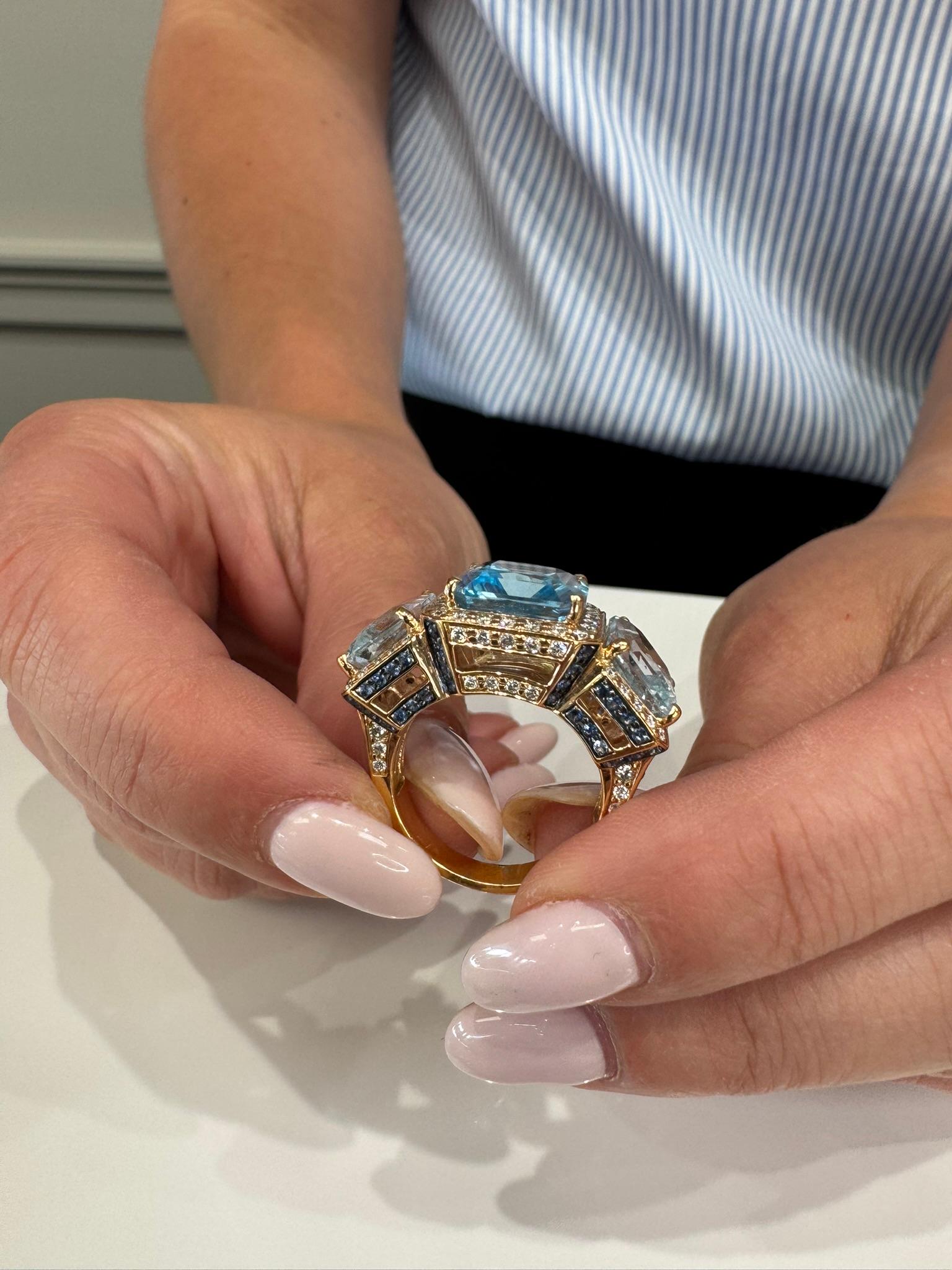 Women's Three Stone Ring Radiant Cut Blue Topaz, Sapphires, Diamonds in 18K Rose Gold For Sale