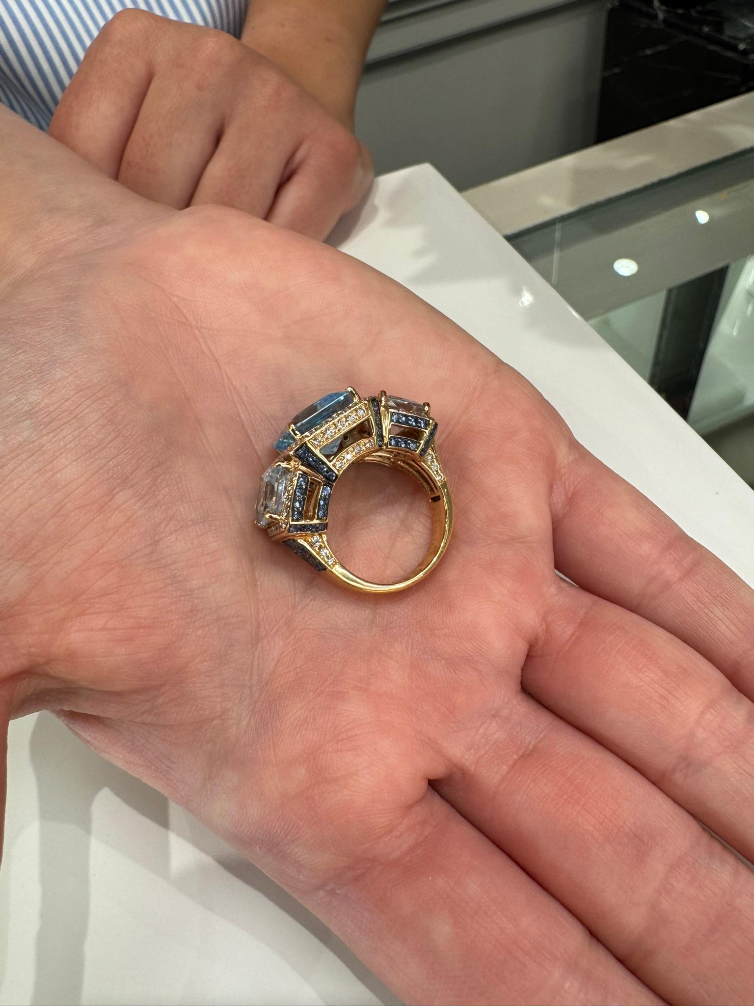 Three Stone Ring Radiant Cut Blue Topaz, Sapphires, Diamonds in 18K Rose Gold For Sale 5