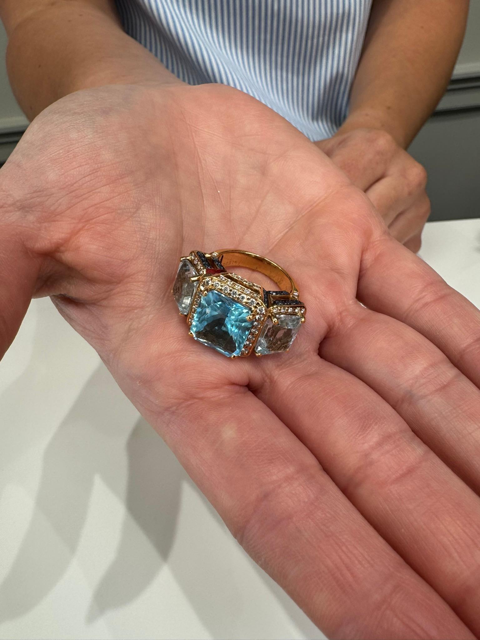 Three Stone Ring Radiant Cut Blue Topaz, Sapphires, Diamonds in 18K Rose Gold In New Condition For Sale In Old Tappan, NJ