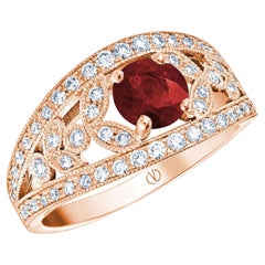 Bague en or rose 18 carats à motif de feuille de laurier et rubis 0,95 carat sertie de 0,51 carat de diamants