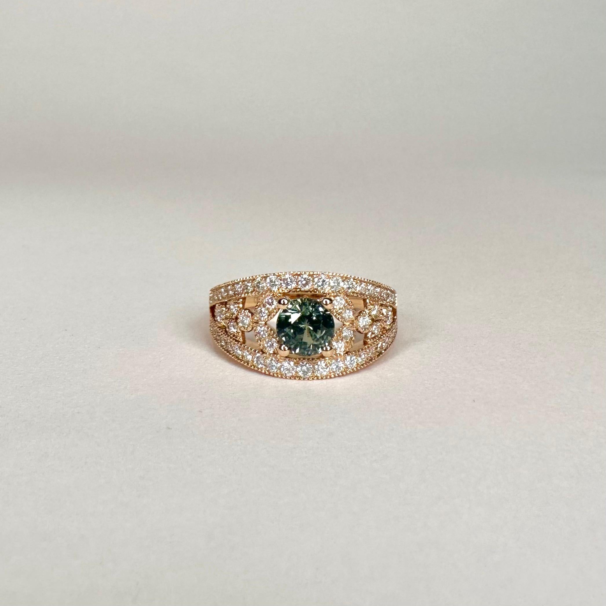 For Sale:  18k Rose Gold Laurel Leaf Design Blue Green Sapphire Ring Set with Diamonds 2