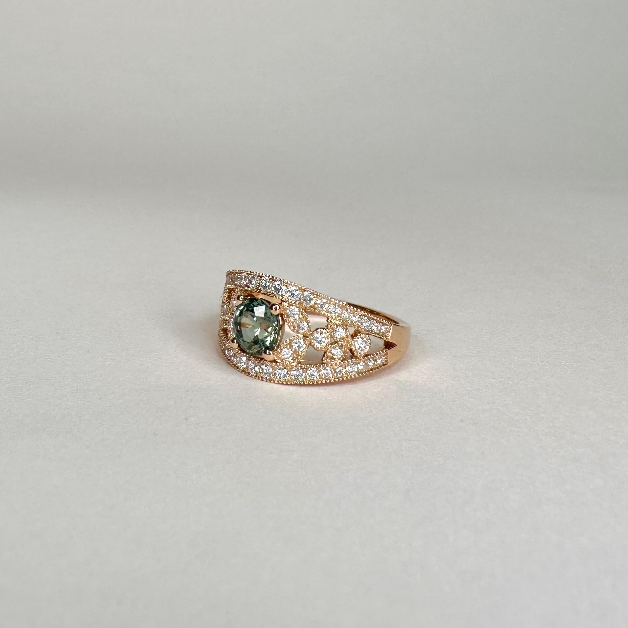 For Sale:  18k Rose Gold Laurel Leaf Design Blue Green Sapphire Ring Set with Diamonds 3