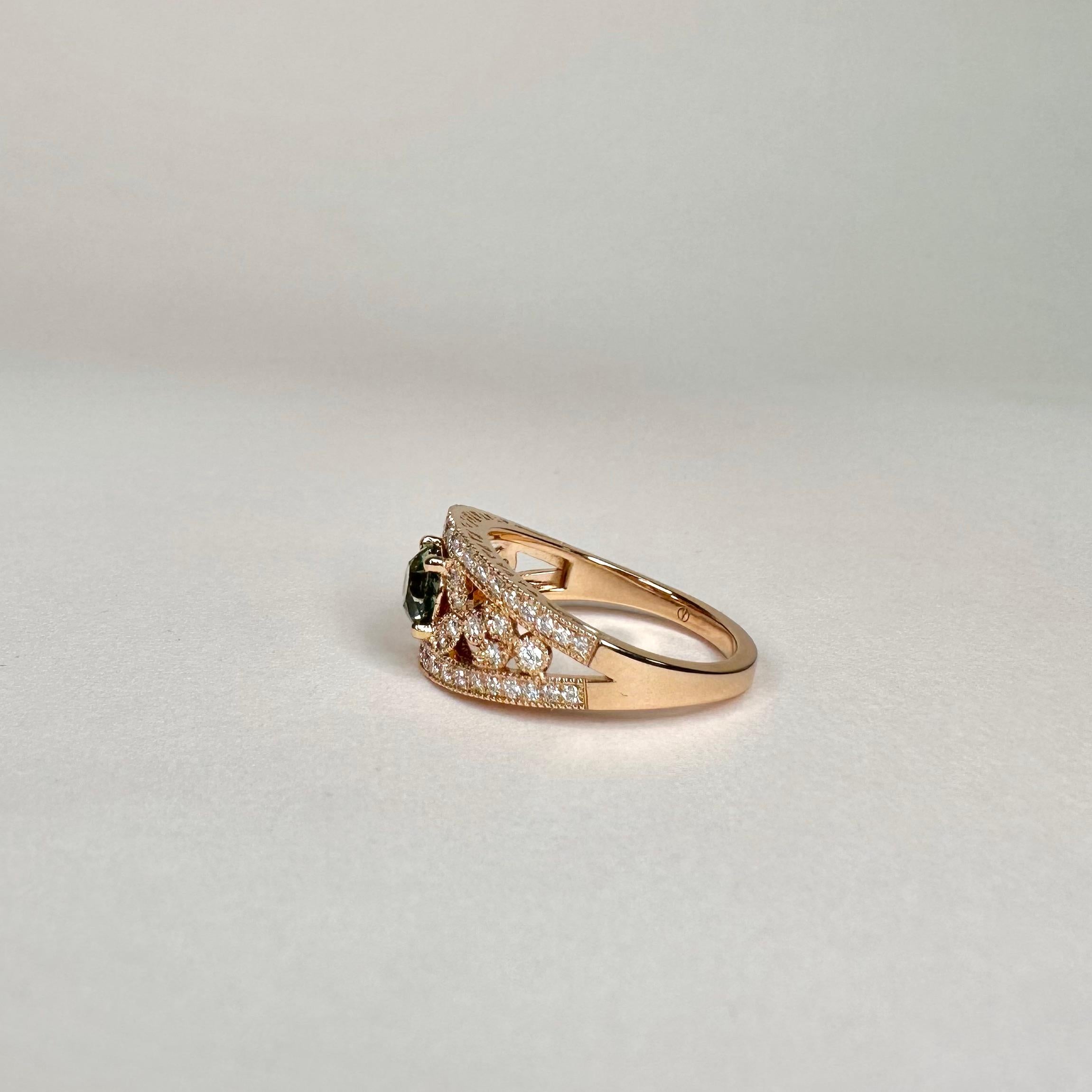 For Sale:  18k Rose Gold Laurel Leaf Design Blue Green Sapphire Ring Set with Diamonds 4