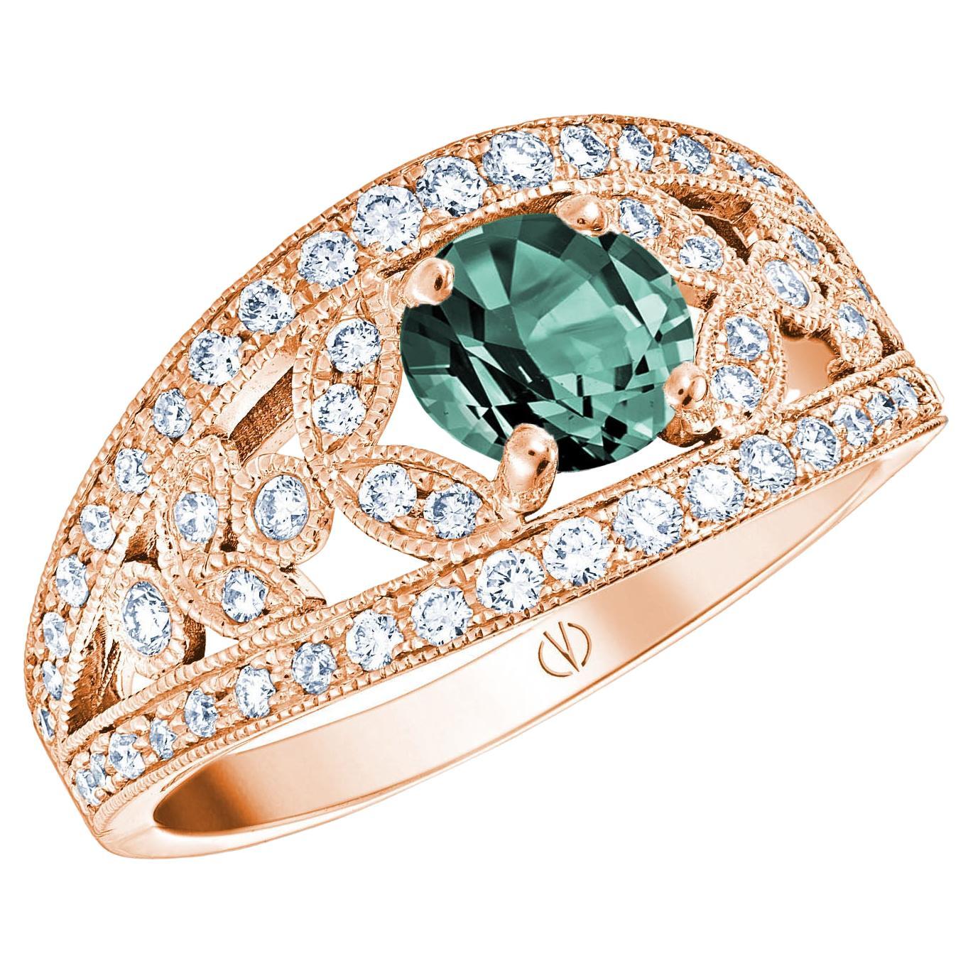 For Sale:  18k Rose Gold Laurel Leaf Design Blue Green Sapphire Ring Set with Diamonds