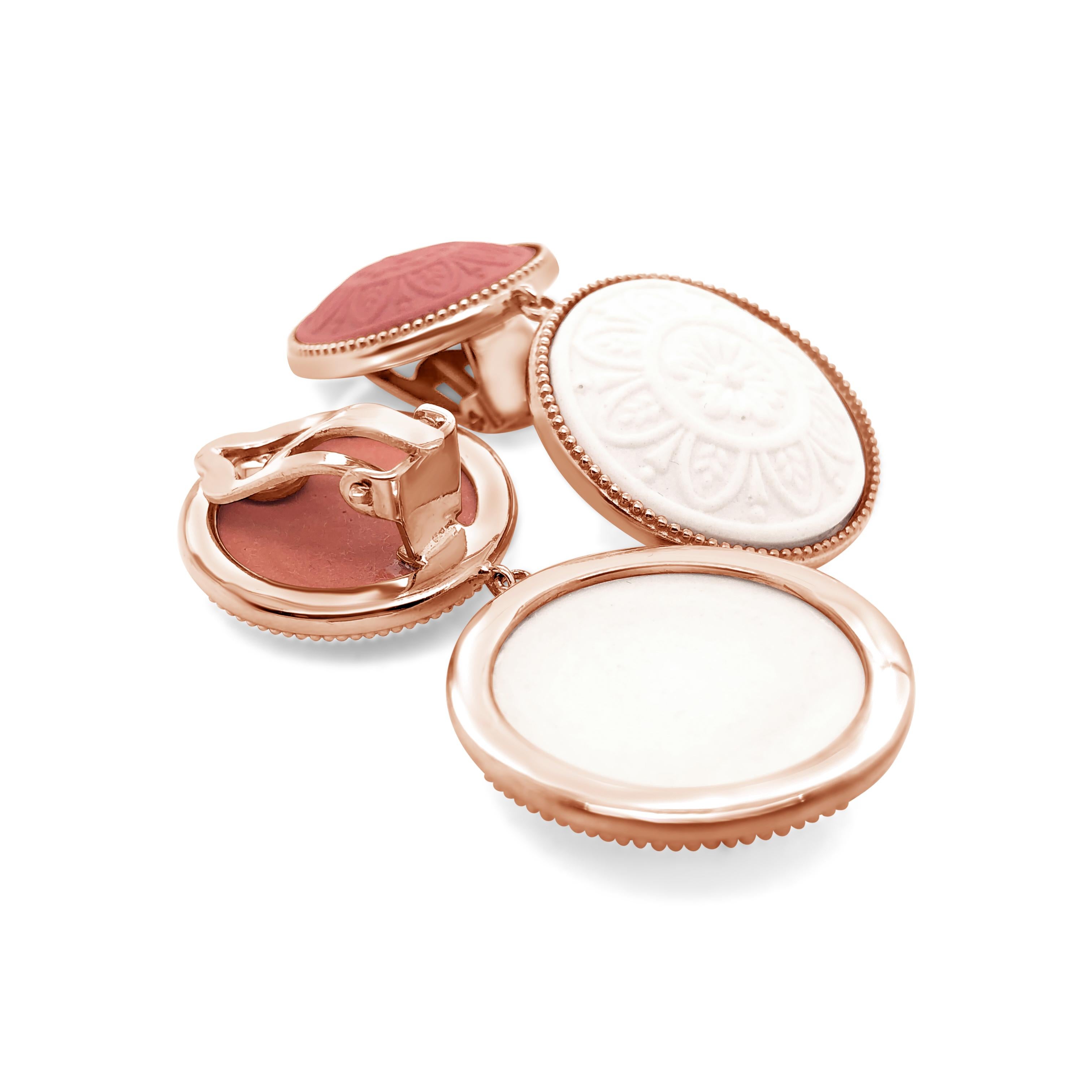 Beautifully hand crafted porcelain cameos earrings mounted in 18k rose gold vermeil. In times past, cameos were mainly made of shells, hardstones, coral and volcanic rock, instead today the cameos which bears our family’s signature are made of fine
