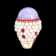 18K Rose Gold Lavender Jade Rubies and Mother-of-Pearl Cocktail Ring