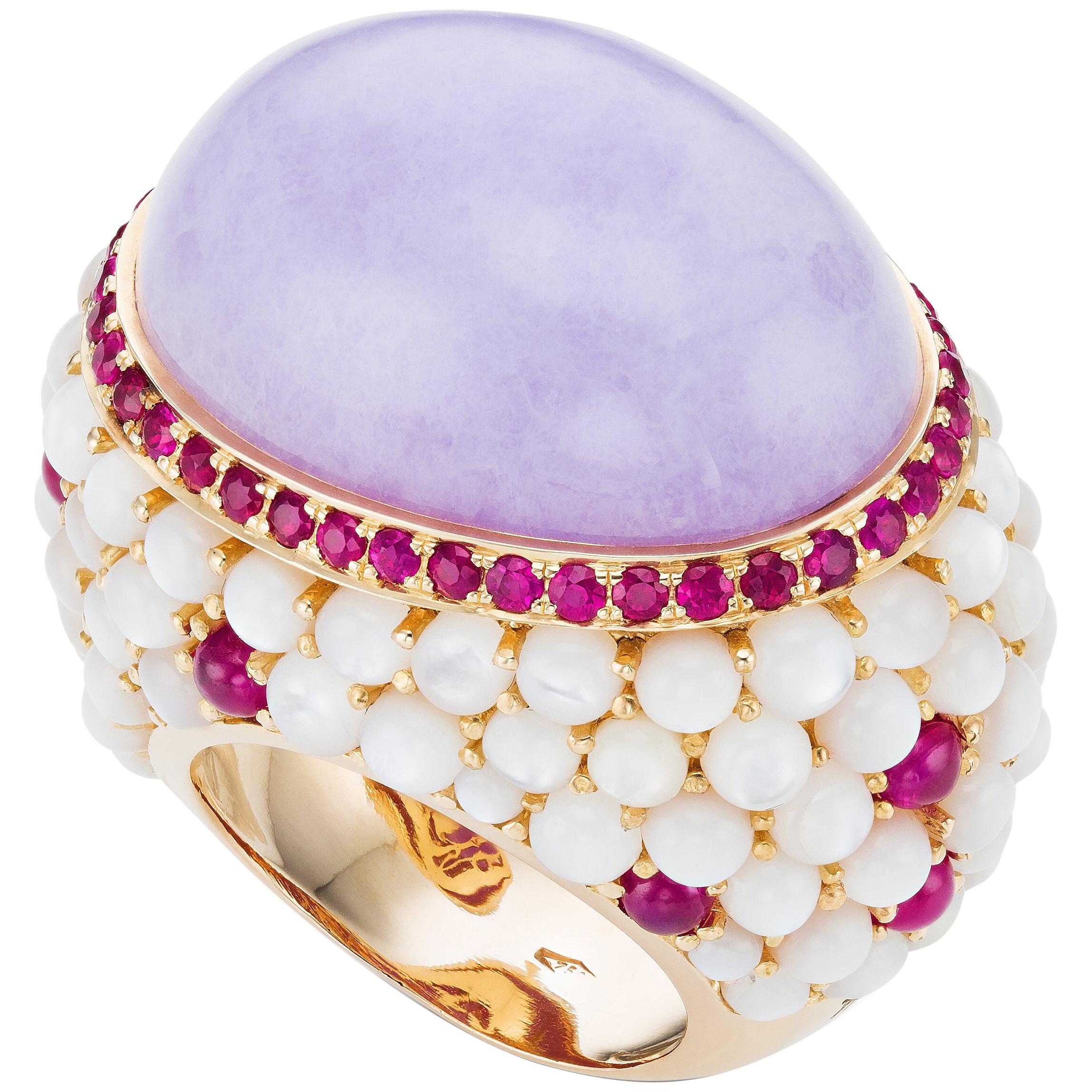 18K Rose Gold Lavender Jade Rubies and Mother-of-Pearl Cocktail Ring For Sale