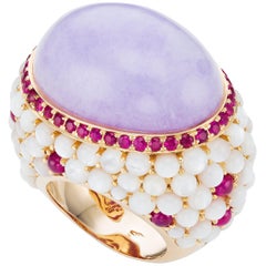 18K Rose Gold Lavender Jade Rubies and Mother-of-Pearl Cocktail Ring