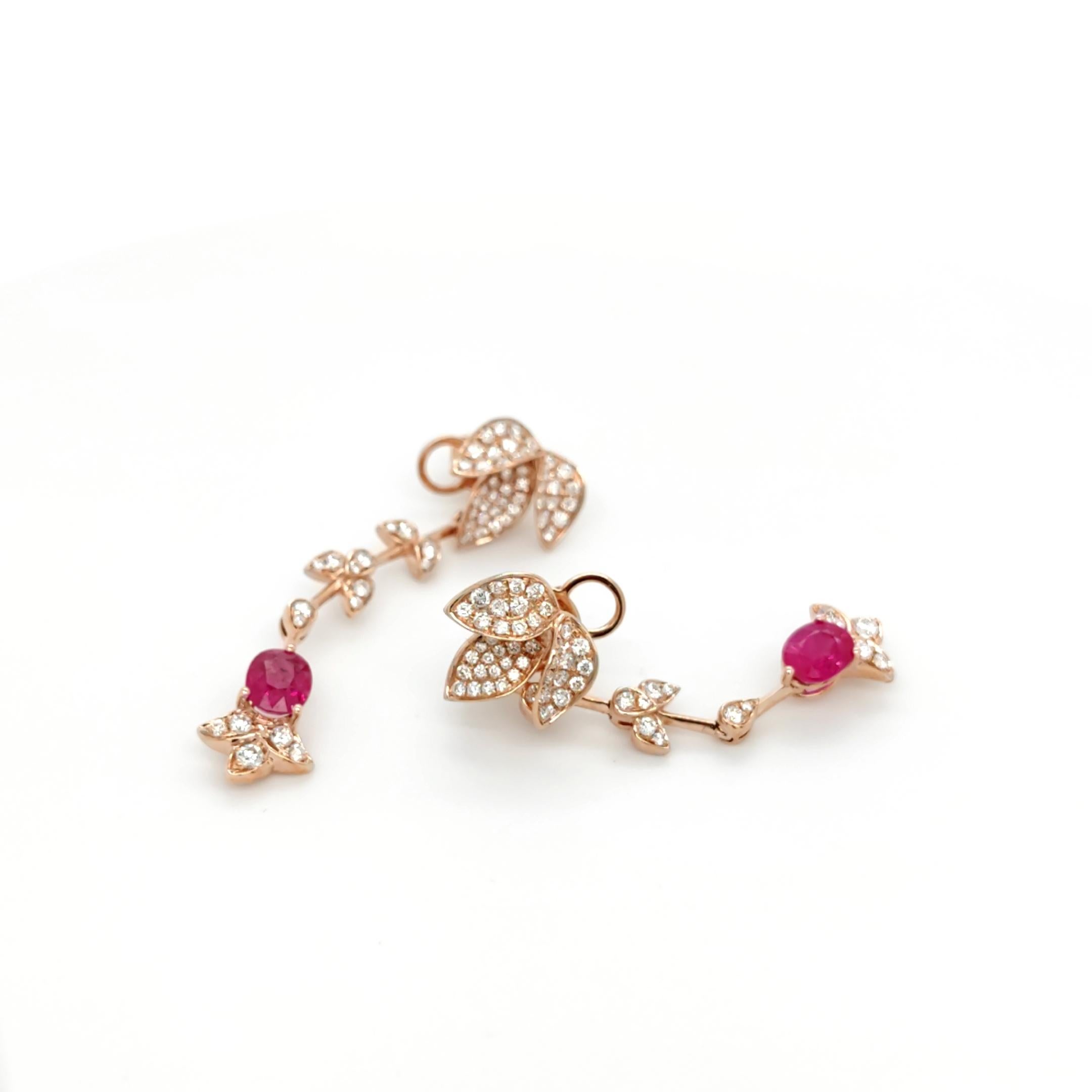 Round Cut 18K Rose Gold Leaf Branch Burma Ruby Diamond Drop Earrings For Sale