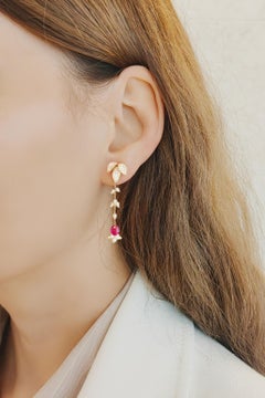 18K Rose Gold Leaf Branch Burma Ruby Diamond Drop Earrings