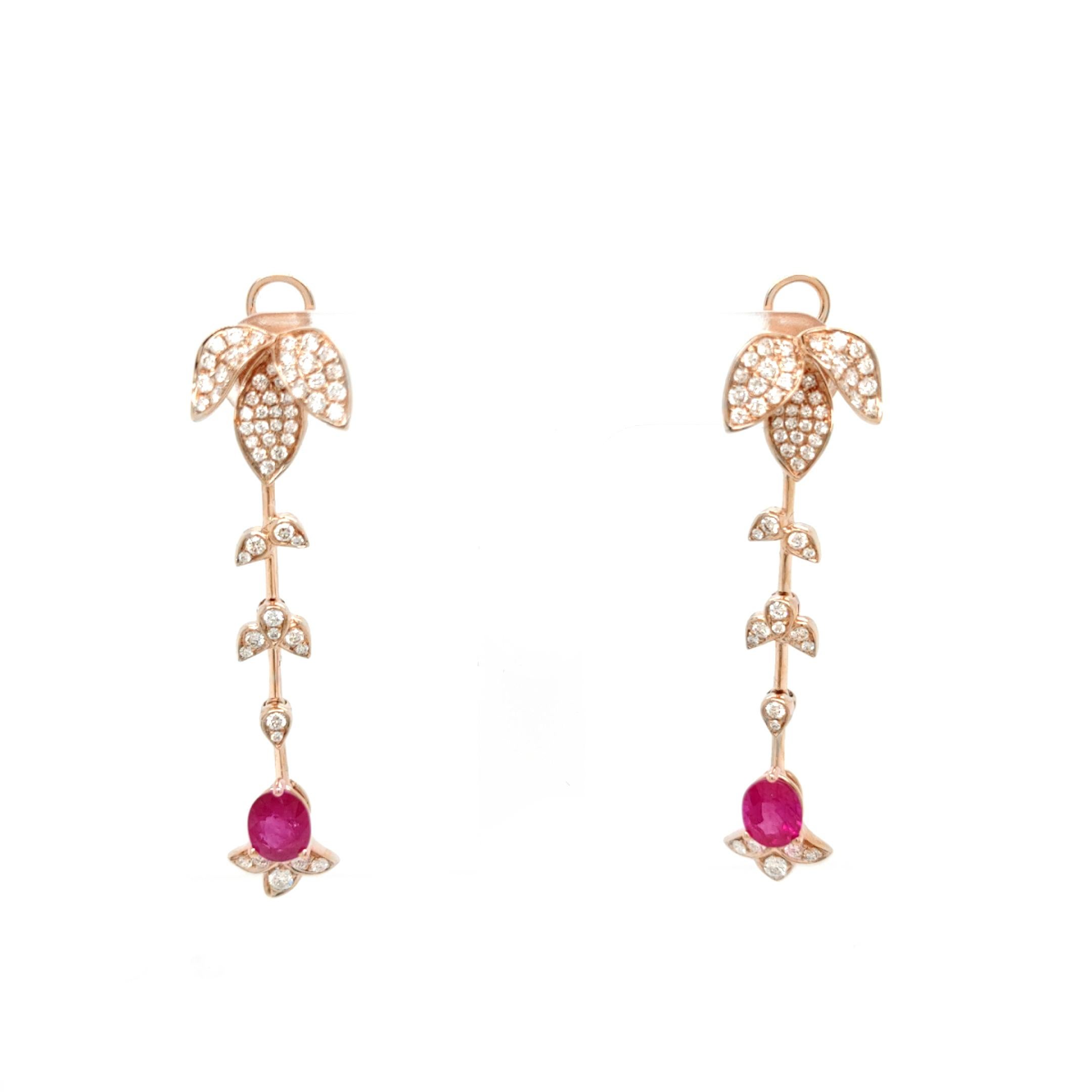 18K Rose Gold Leaf Branch Burma Ruby Diamond Drop Earrings In New Condition For Sale In Hong Kong, HK