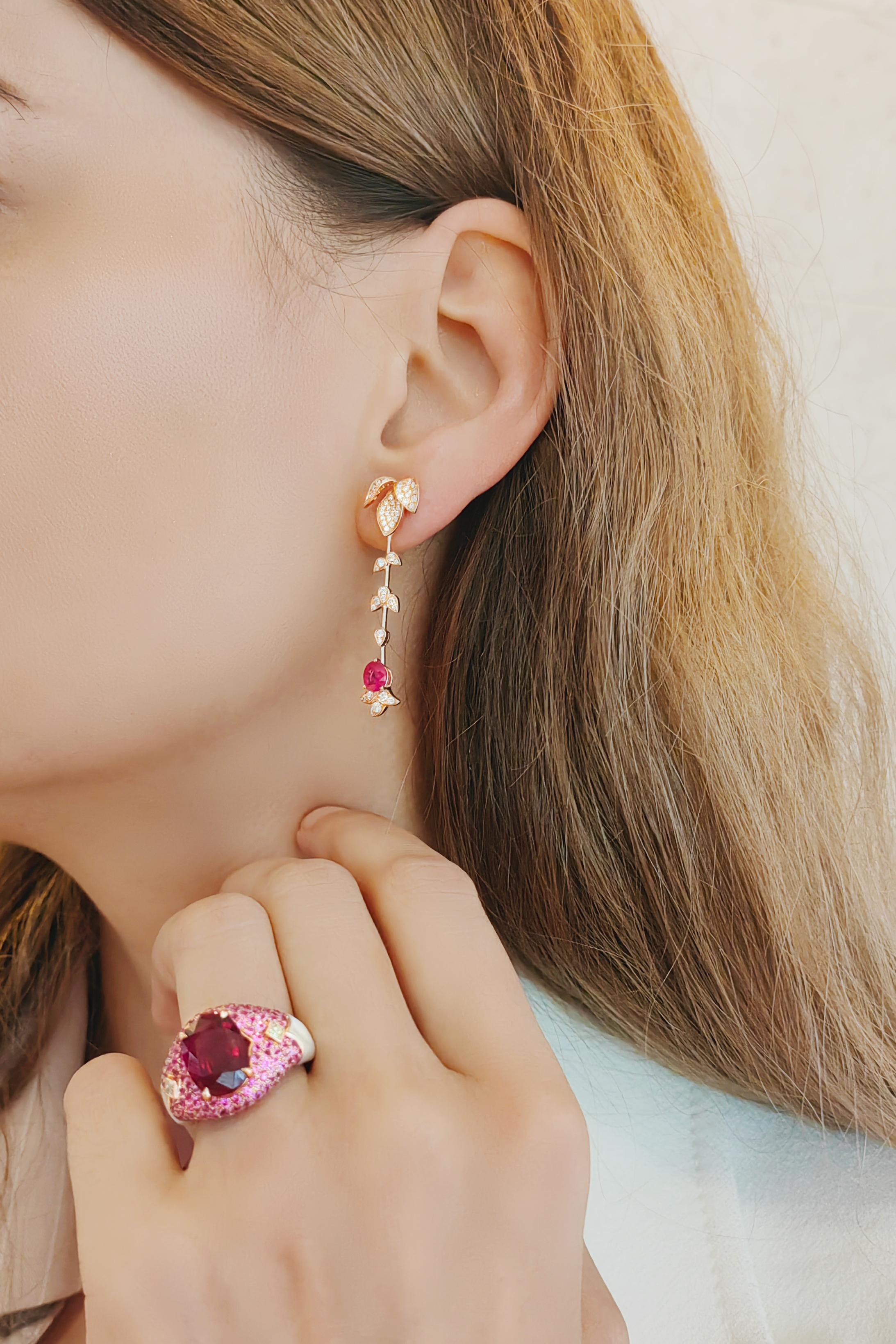 Modern 18K Rose Gold Leaf Branch Burma Ruby Diamond Drop Earrings For Sale