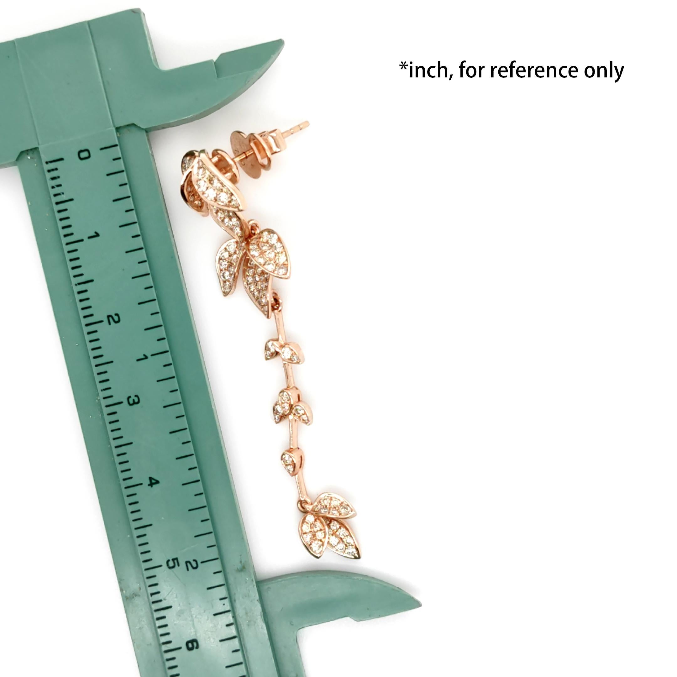 18K Rose Gold Leaf Branch Colored Diamond Dangle Drop Earrings In New Condition For Sale In Hong Kong, HK