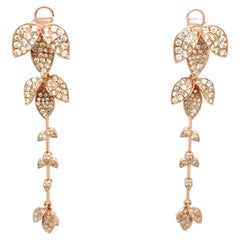 18K Rose Gold Leaf Branch Colored Diamond Dangle Drop Earrings