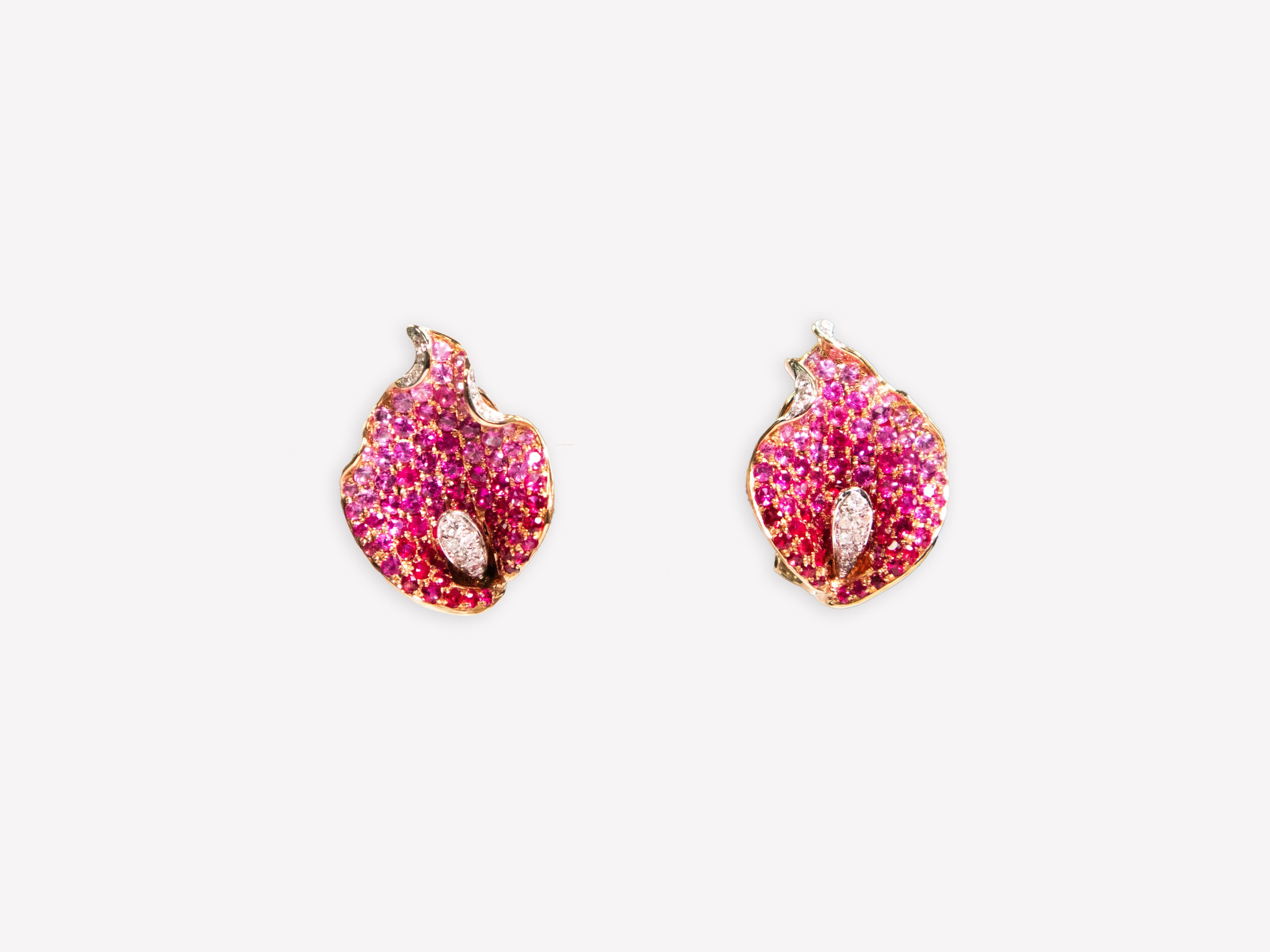 Modern 18K Rose Gold  Leaf Earrings with Ruby & Pink Sapphire For Sale