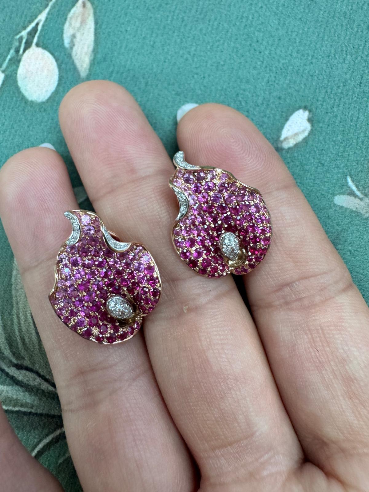 Rose Cut 18K Rose Gold  Leaf Earrings with Ruby & Pink Sapphire For Sale