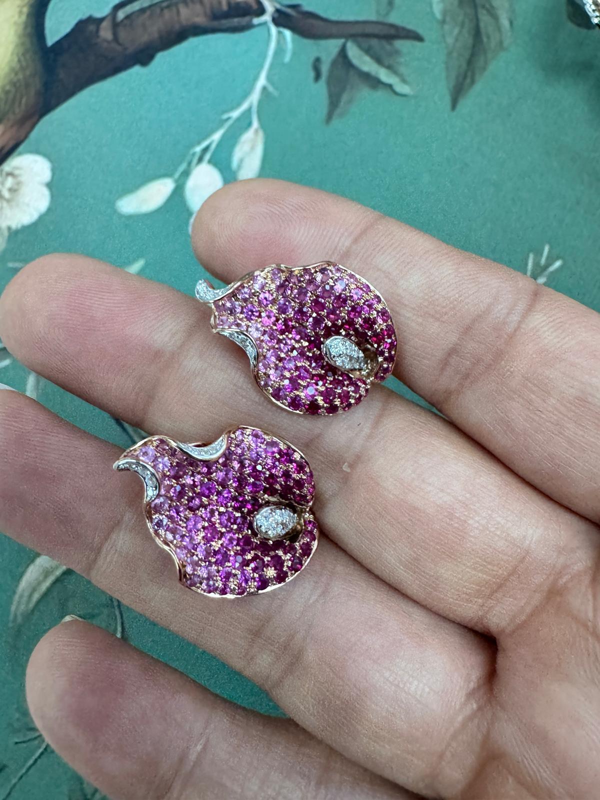 Women's 18K Rose Gold  Leaf Earrings with Ruby & Pink Sapphire For Sale