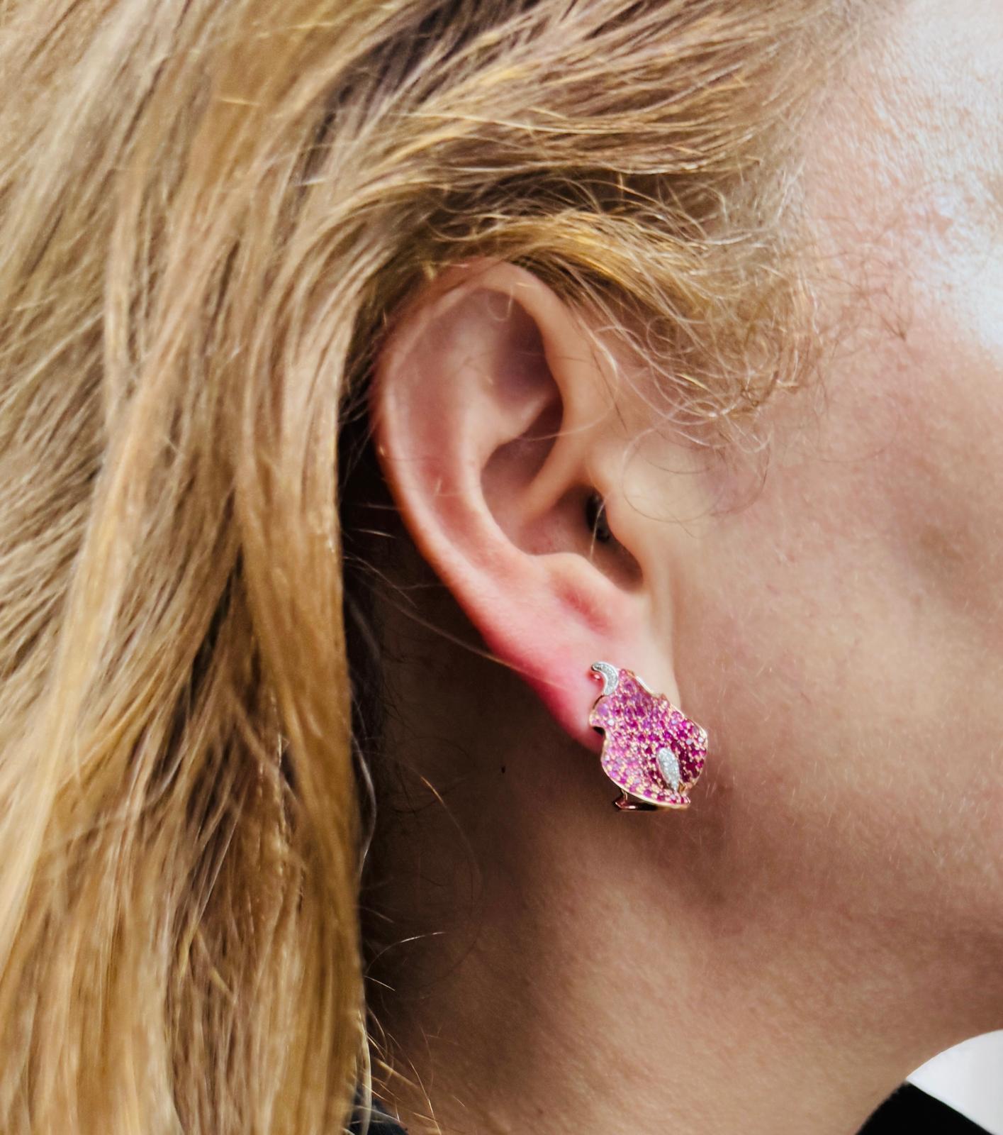 18K Rose Gold  Leaf Earrings with Ruby & Pink Sapphire For Sale 1