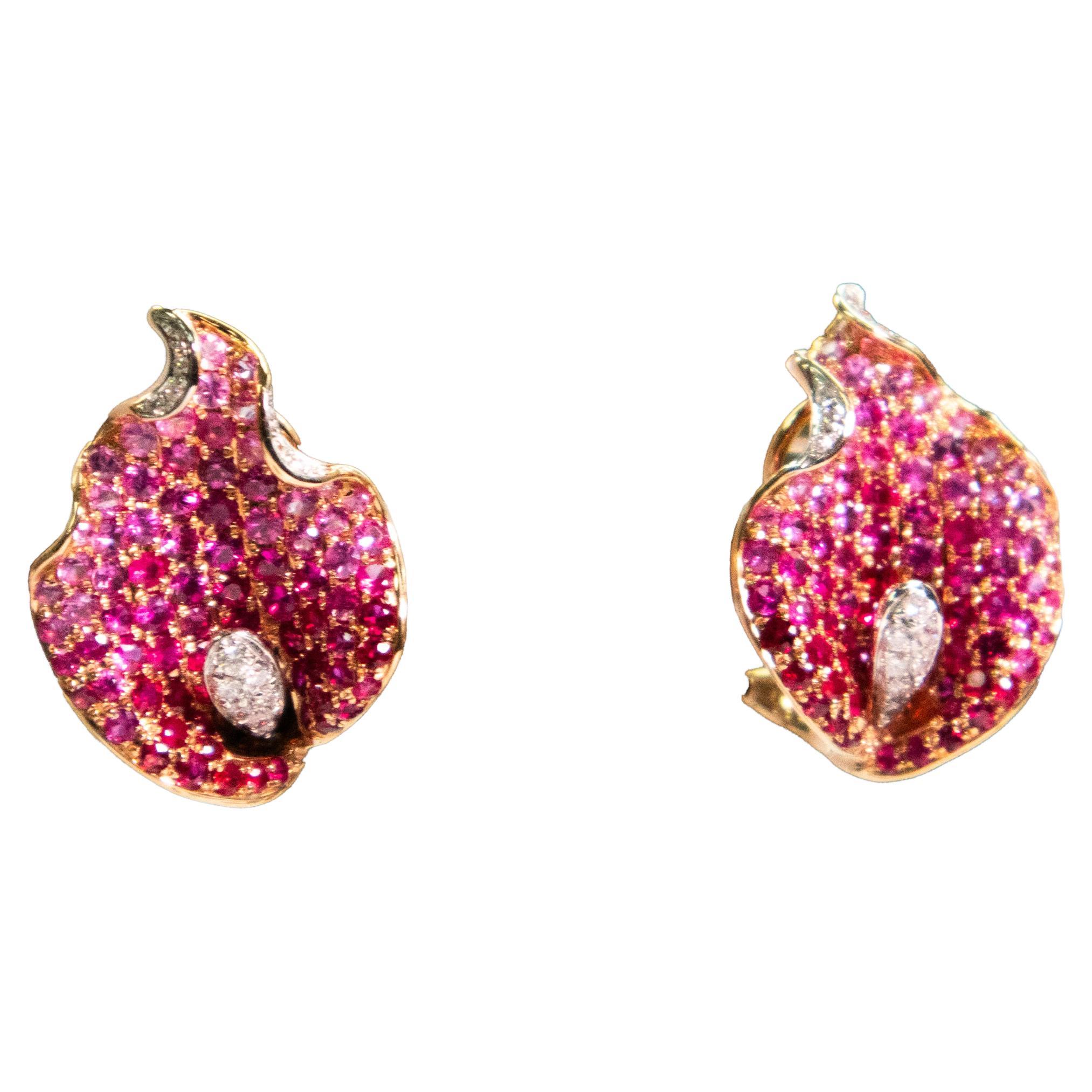 18K Rose Gold  Leaf Earrings with Ruby & Pink Sapphire