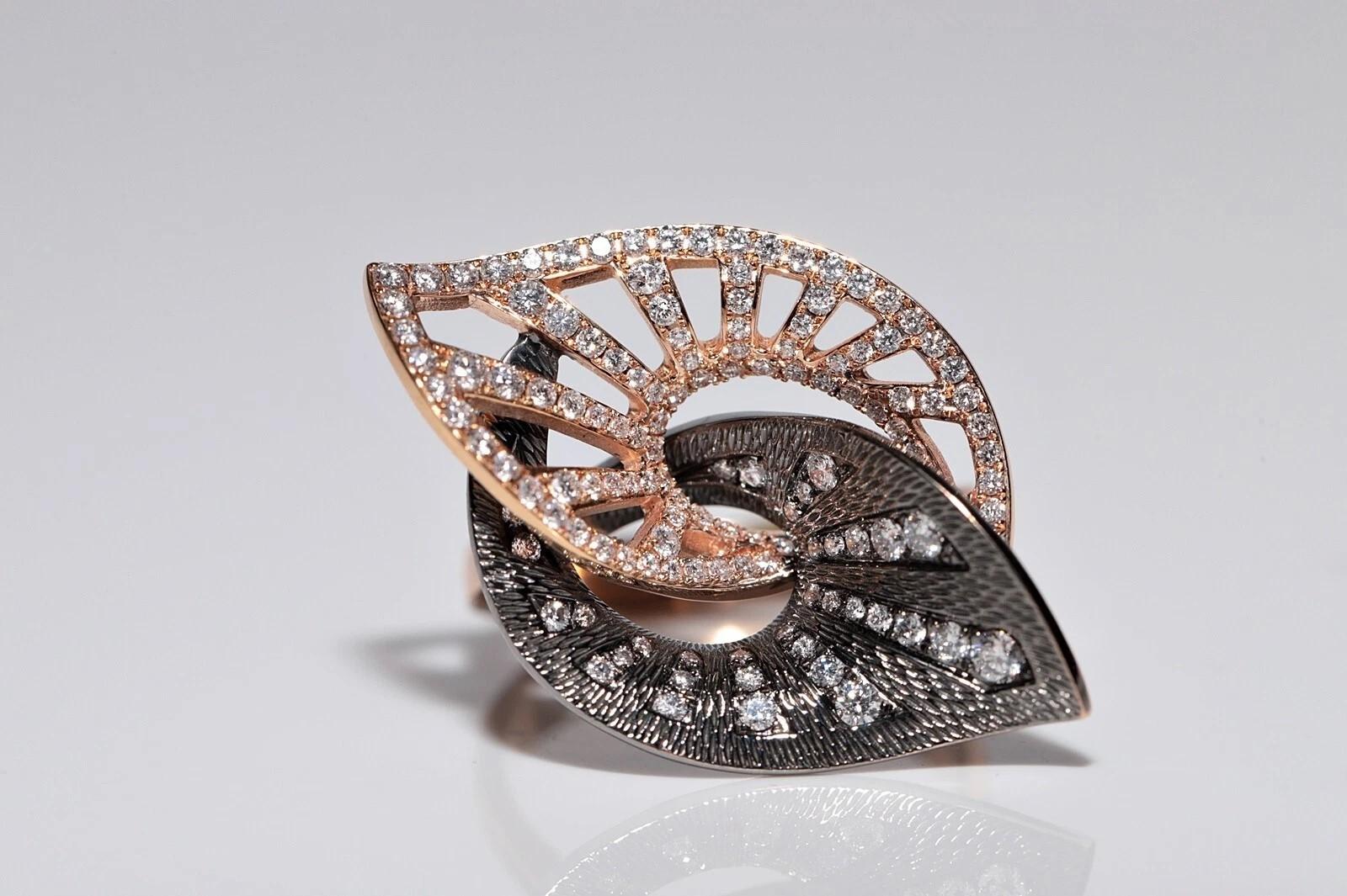 Anello forte decorato con diamanti naturali in stile foglia d'oro rosa 18k