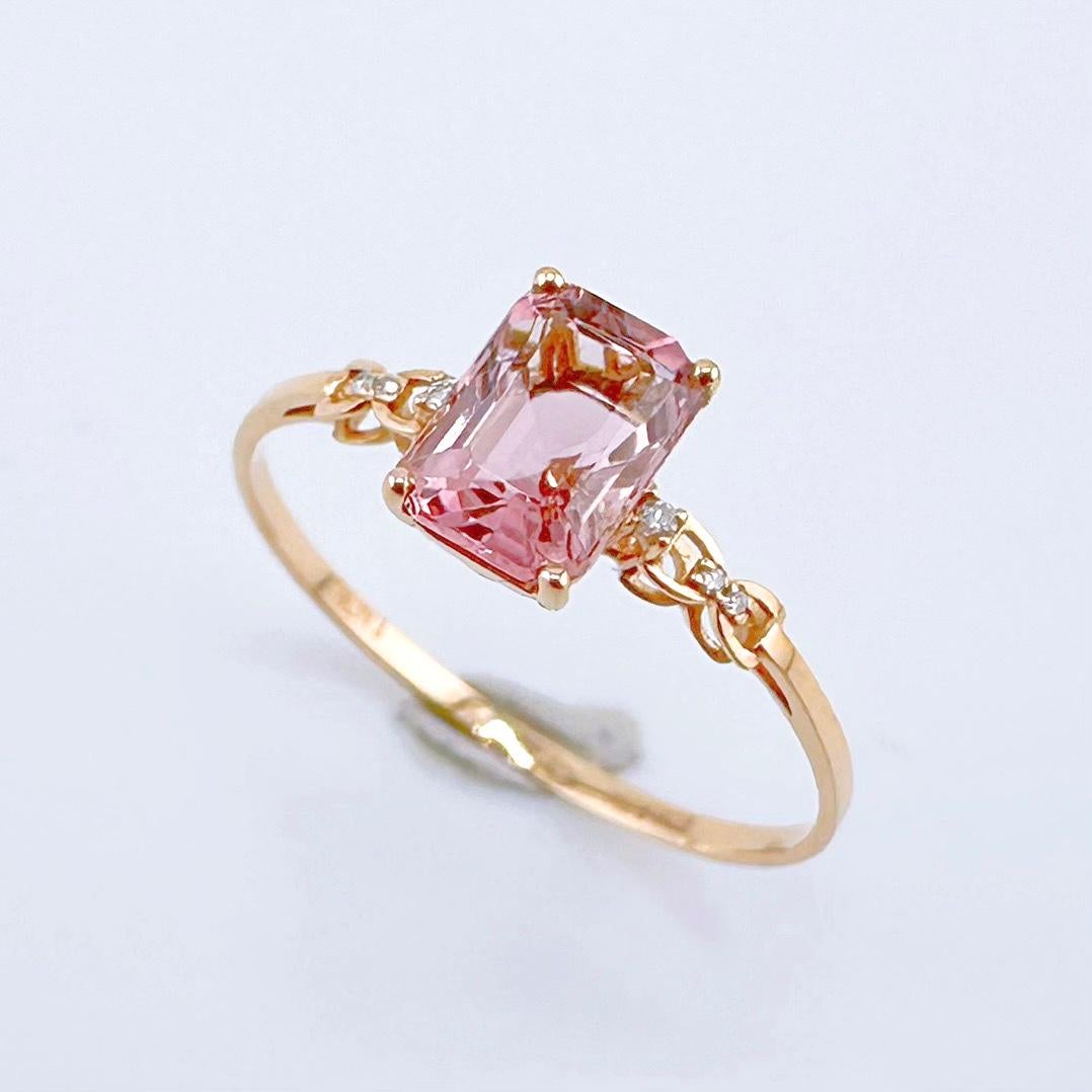Emerald Cut 18K Rose Gold Lotus Color Tourmaline Ring with Diamonds For Sale