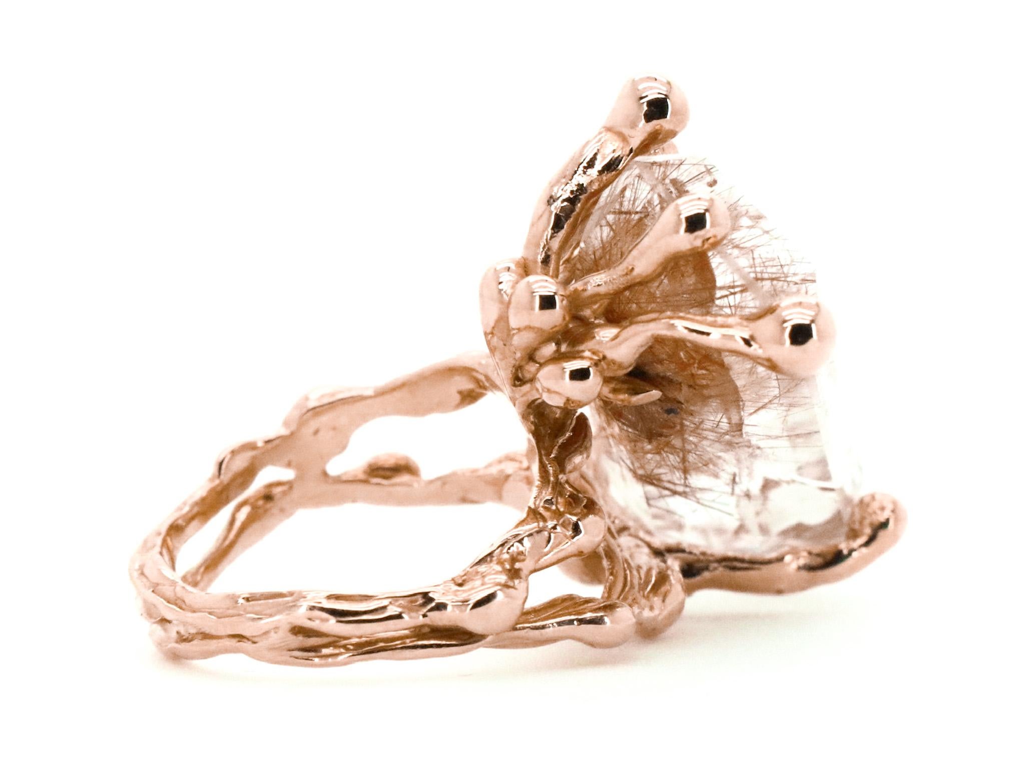 Barzaghi Rutilated Quartz Made in Italy  Grounding Rose Gold Cocktail Ring For Sale 8