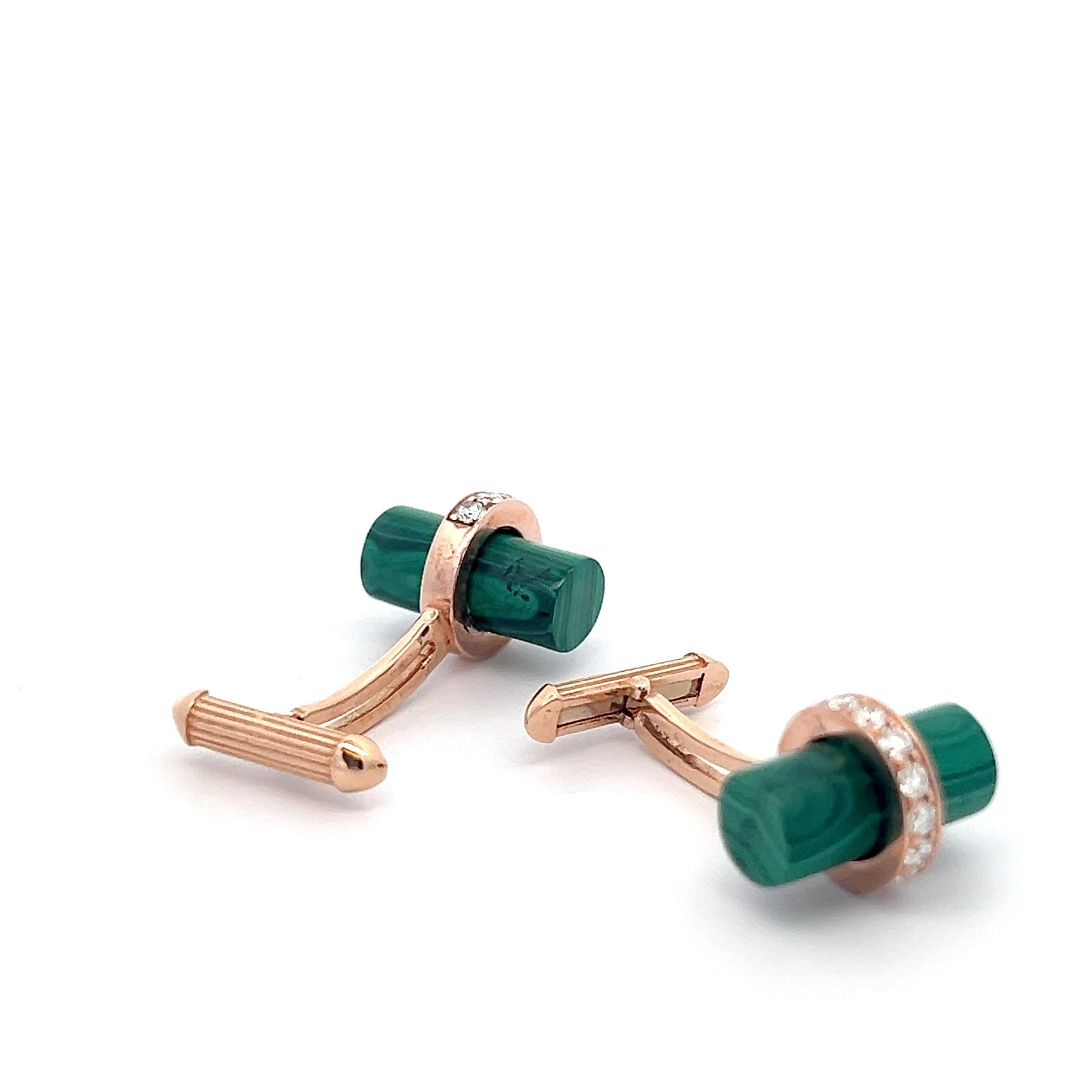 Round Cut 18k Rose Gold Malachite Tube White Diamonds Cufflinks For Sale