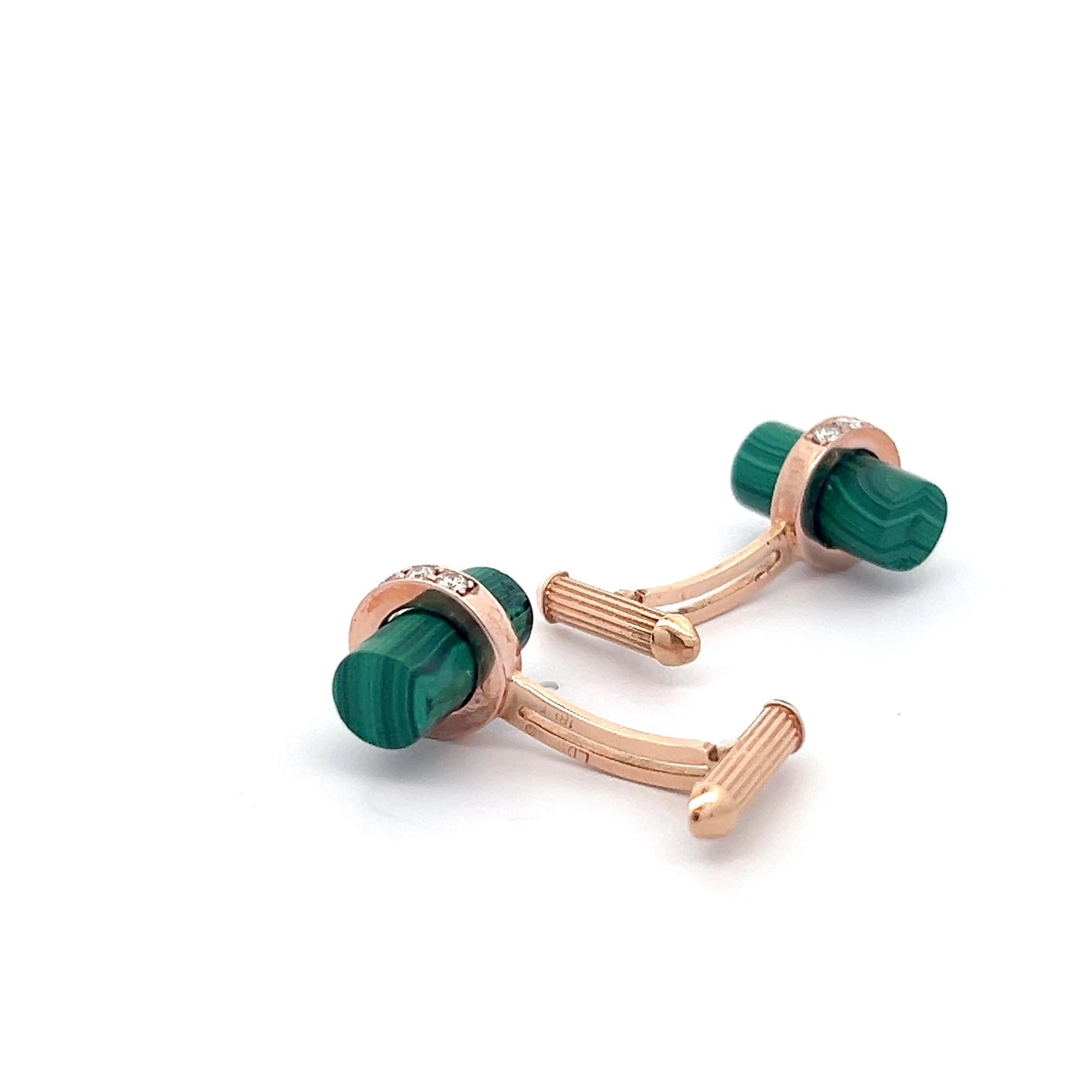 18k Rose Gold Malachite Tube White Diamonds Cufflinks In New Condition For Sale In New York, NY