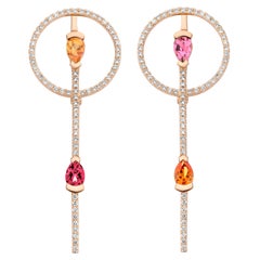 18k Rose Gold Mandarin Garnet, Tourmaline, Rubellite and Diamond Round Earrings