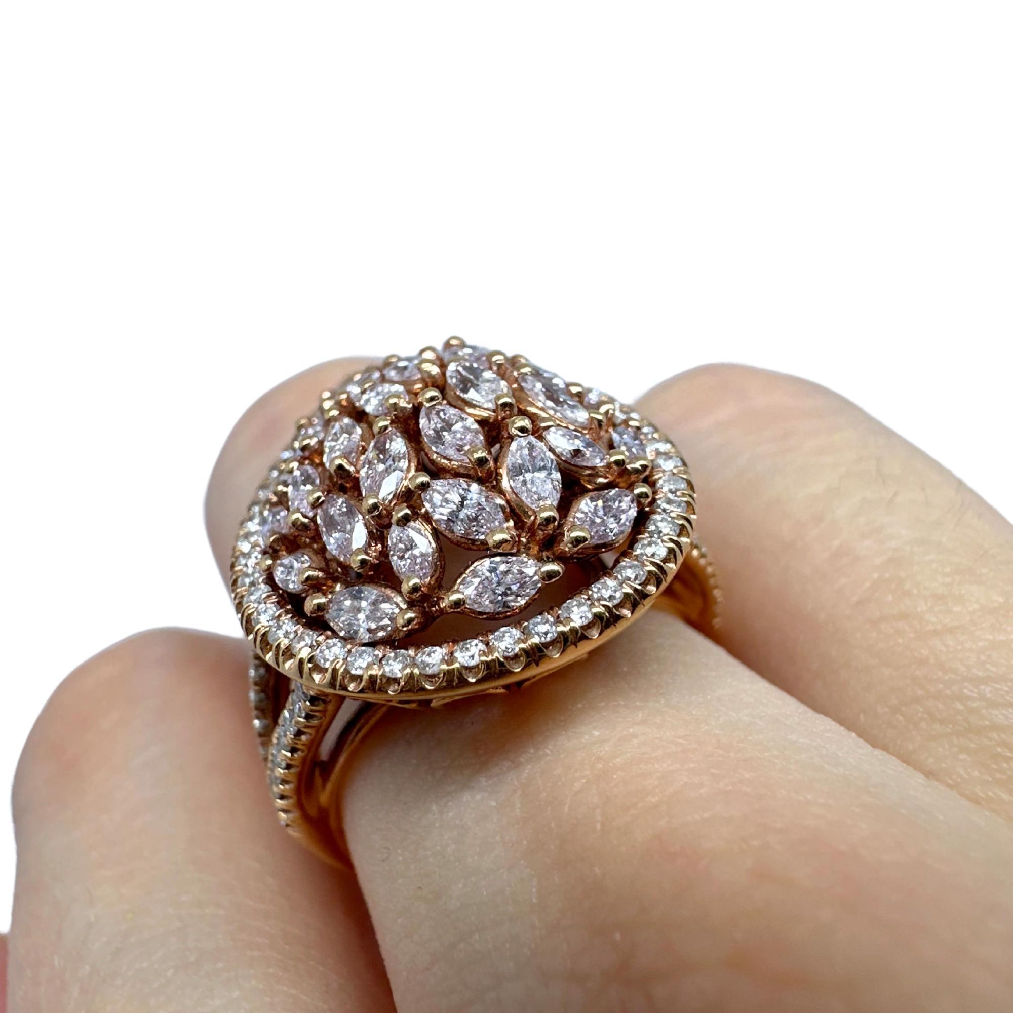18K Rose Gold Marquise Cut Pink and White Diamond Tear Drop Dome Ring For Sale 6