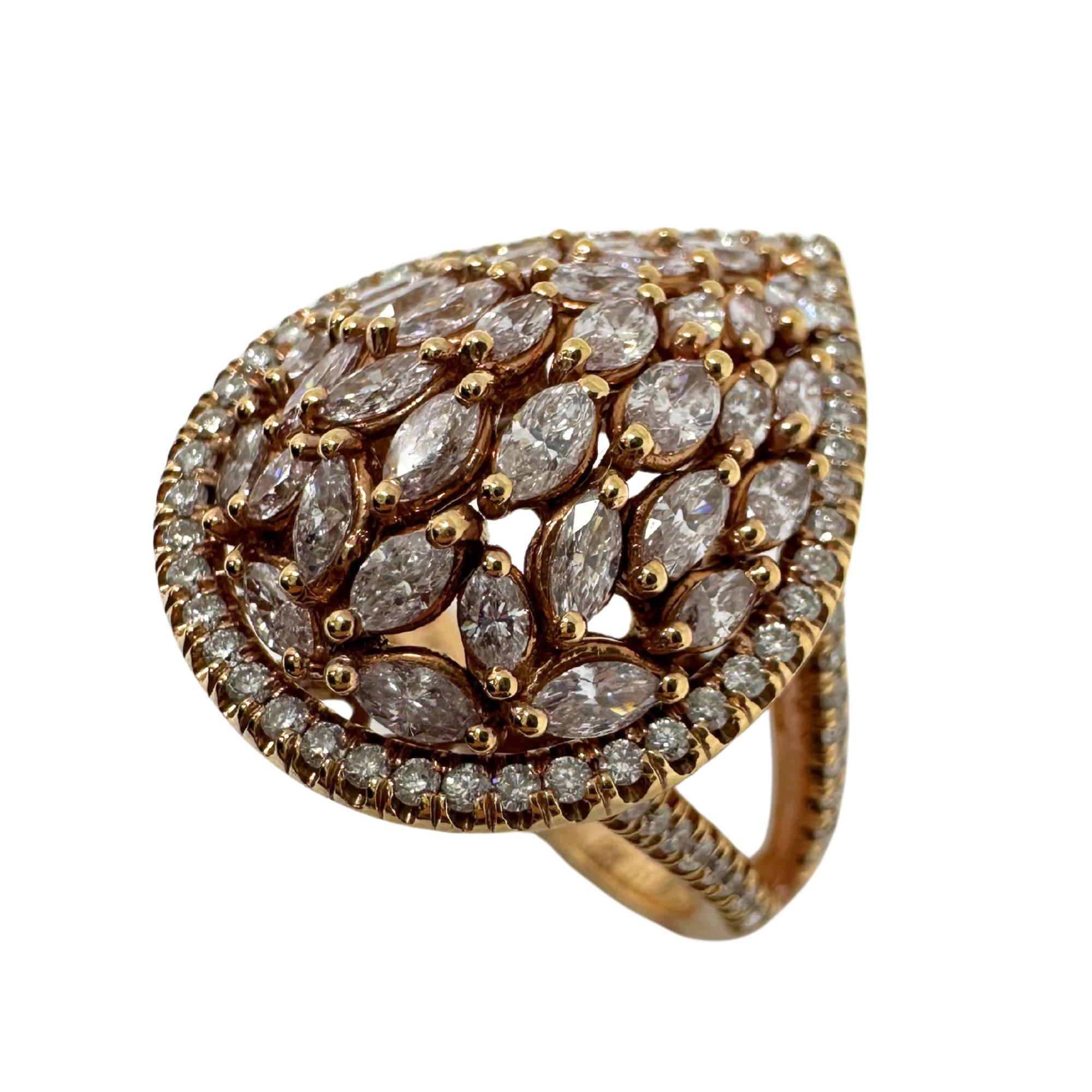 18K Rose Gold Marquise Cut Pink and White Diamond Tear Drop Dome Ring In Good Condition For Sale In New York, NY