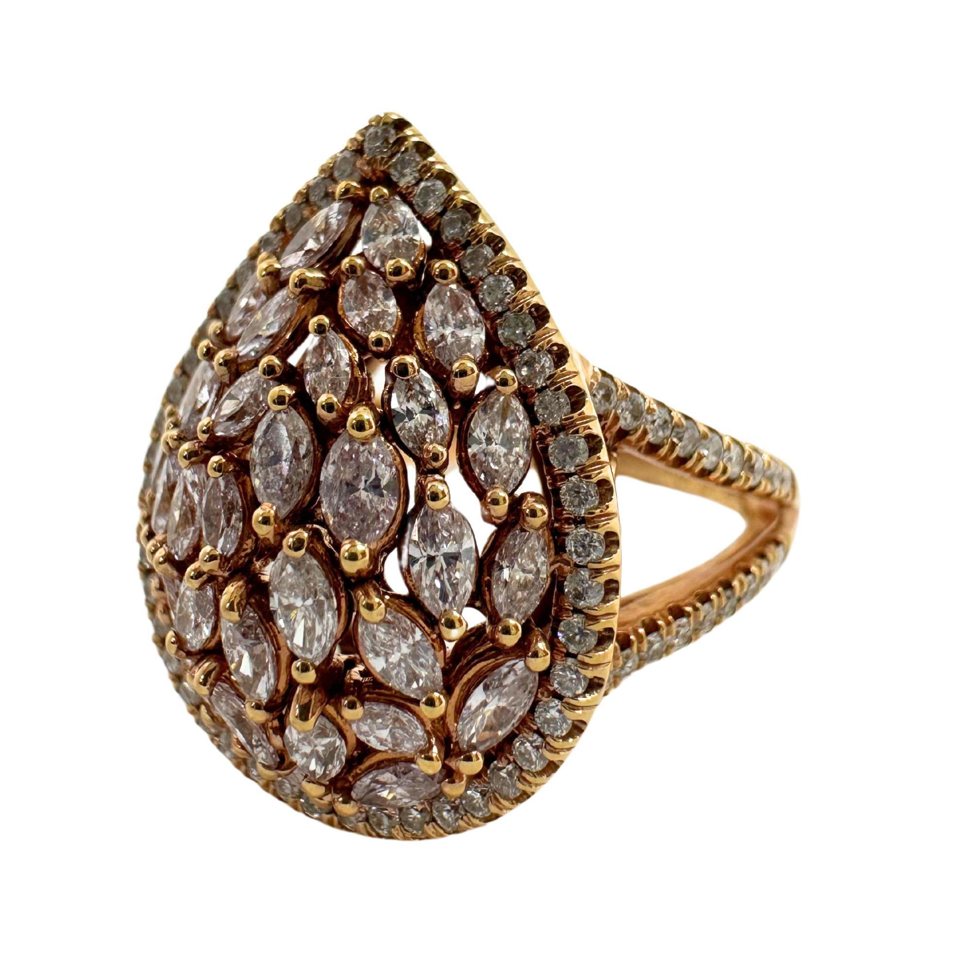 Women's 18K Rose Gold Marquise Cut Pink and White Diamond Tear Drop Dome Ring For Sale
