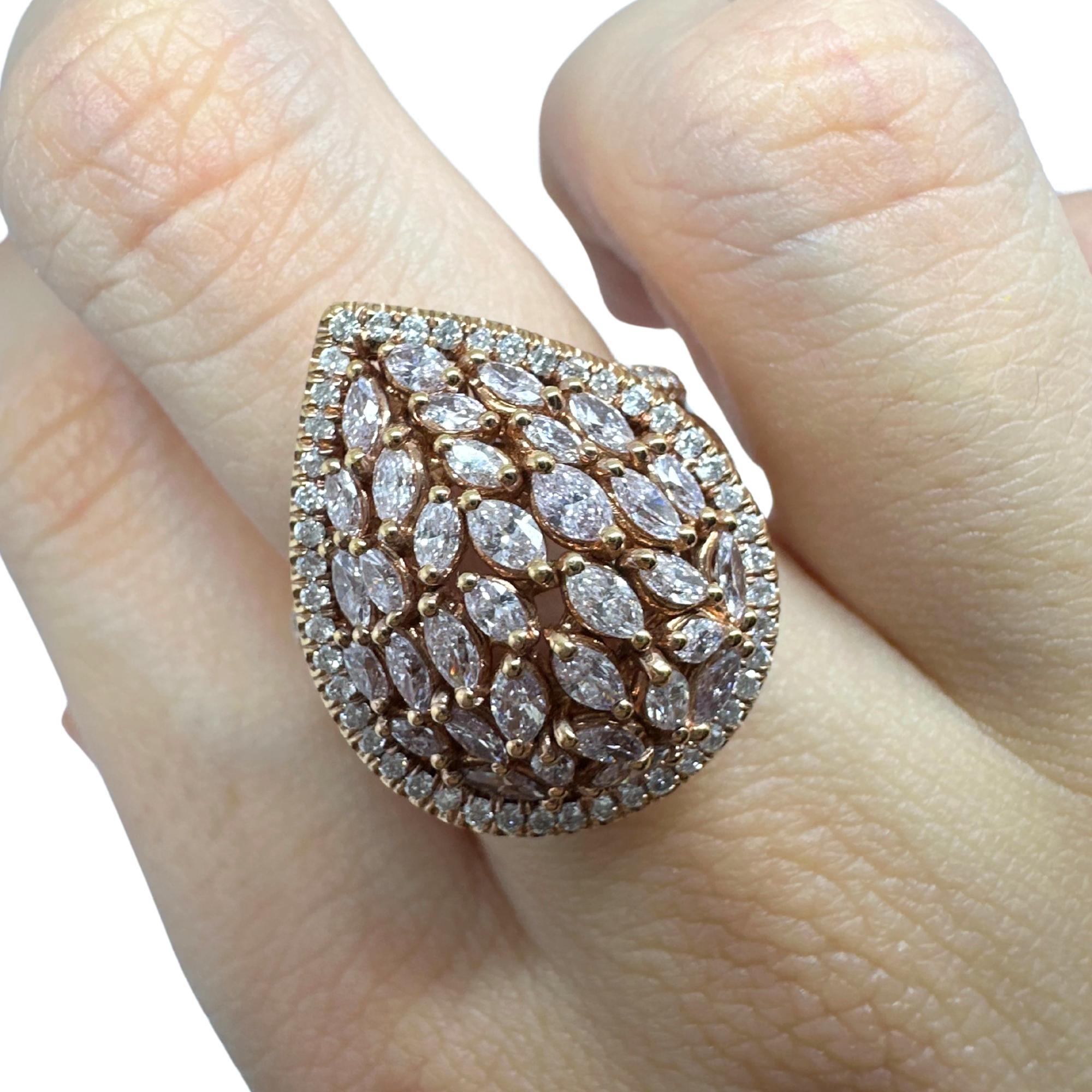 18K Rose Gold Marquise Cut Pink and White Diamond Tear Drop Dome Ring For Sale 1