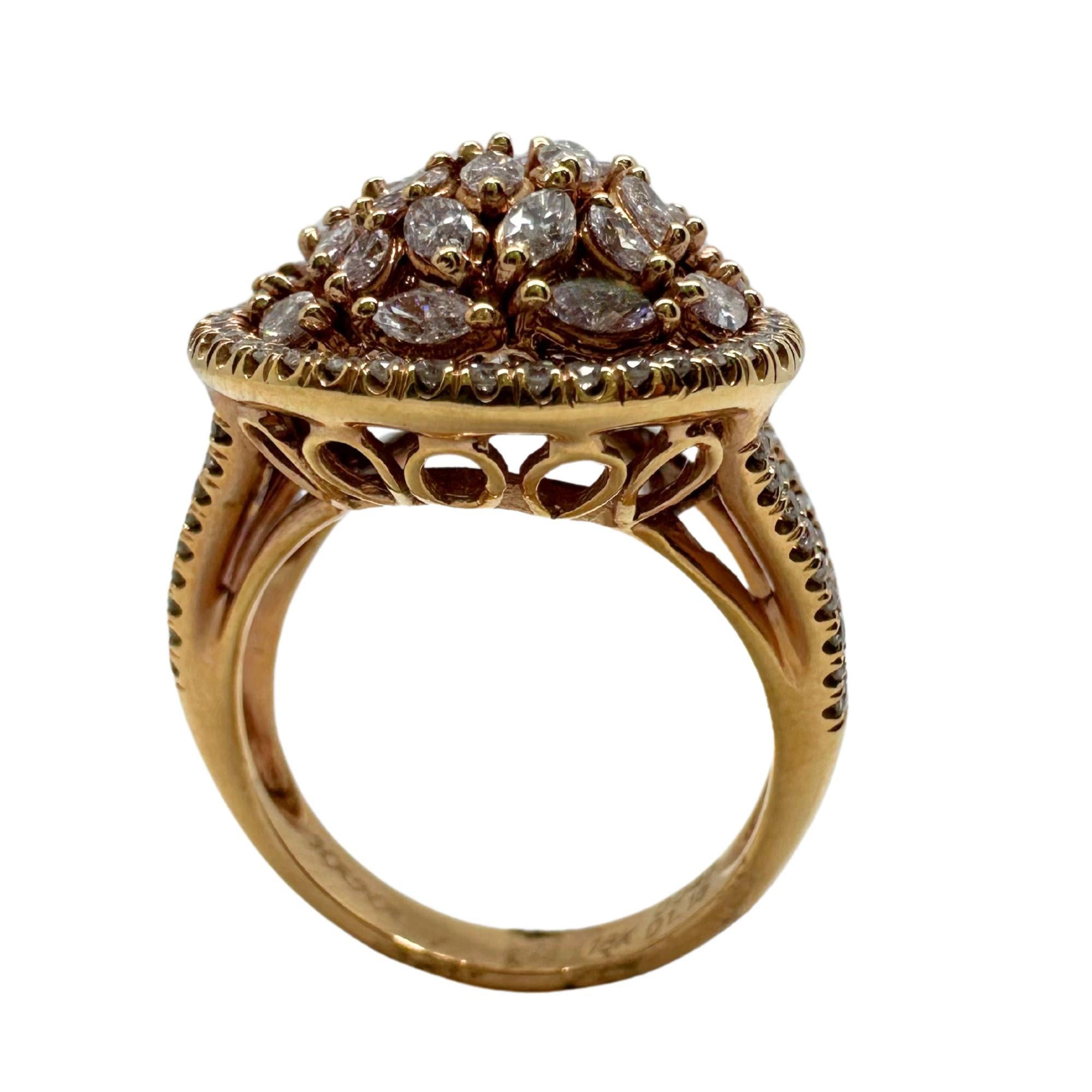 18K Rose Gold Marquise Cut Pink and White Diamond Tear Drop Dome Ring For Sale 2