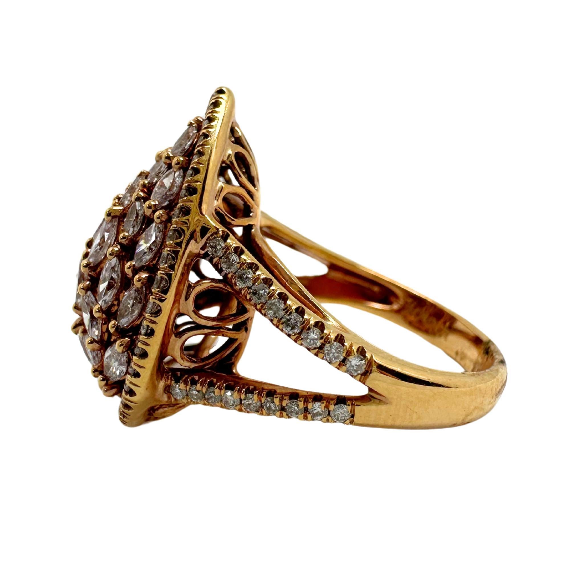 18K Rose Gold Marquise Cut Pink and White Diamond Tear Drop Dome Ring For Sale 3