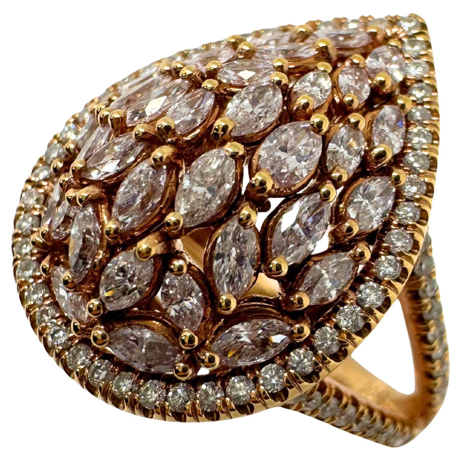 18K Rose Gold Marquise Cut Pink and White Diamond Tear Drop Dome Ring For Sale
