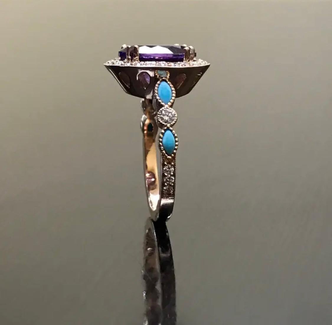 DeKara Designs Collection

Metal- 18K Rose Gold, .750.

Stones- Center Features an Oval Amethyst 11 x 9 MM, Four Marquise Turquoise, Two Round Opals, 30 Round Diamonds F-G Color VS2 Clarity, 0.40 Carats.

Size- 4-12

Beautiful Handmade Art Deco