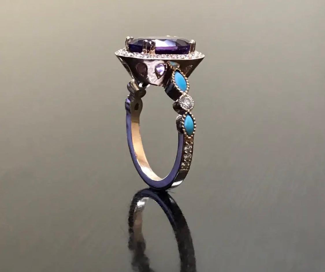 Art Deco 18K Rose Gold Marquise Turquoise Diamond Halo Amethyst Engagement Ring For Sale