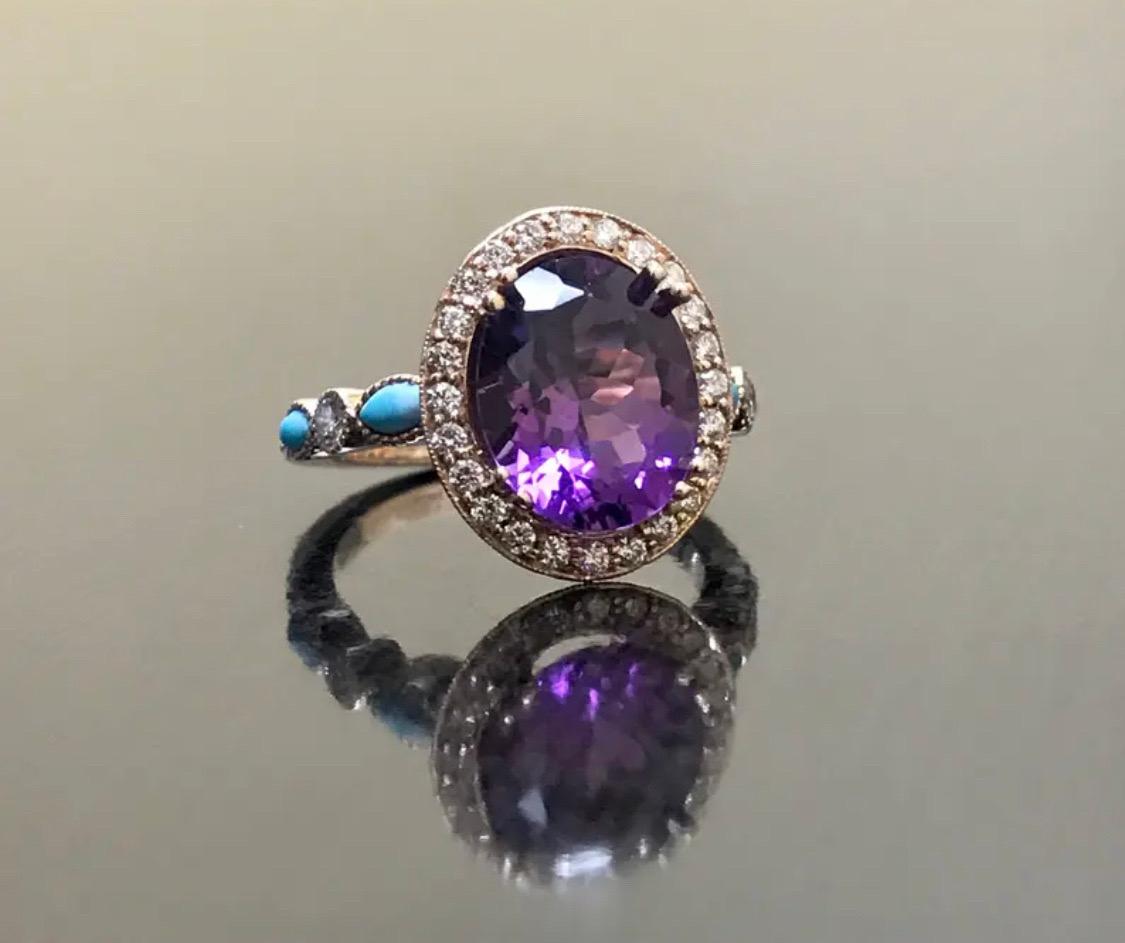 Oval Cut 18K Rose Gold Marquise Turquoise Diamond Halo Amethyst Engagement Ring For Sale
